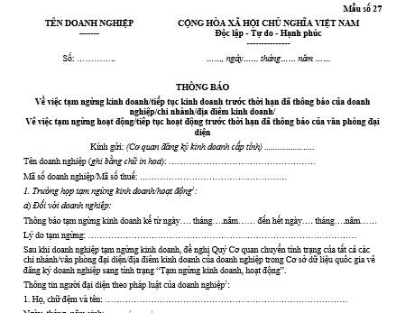 Thông báo về việc tạm ngừng kinh doanh